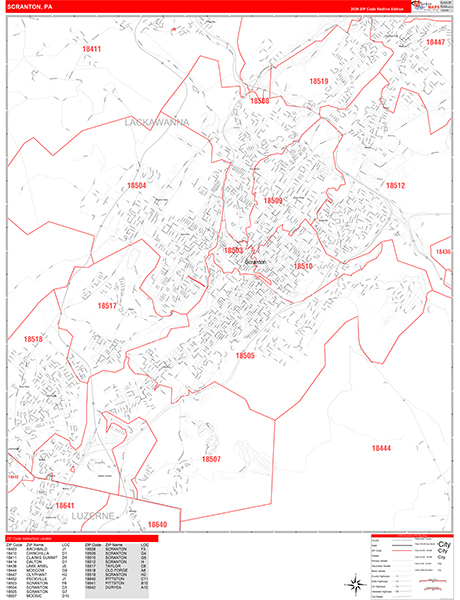 Scranton City Digital Map Red Line Style