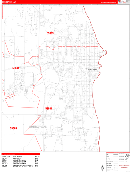 Sheboygan City Wall Map Red Line Style