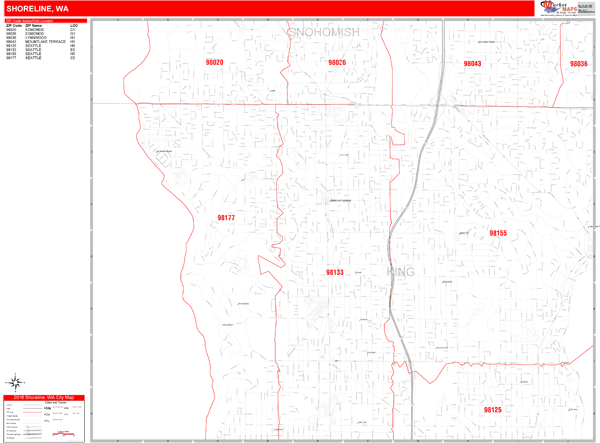 Shoreline City Wall Map Red Line Style