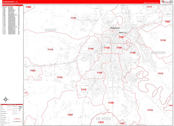Shreveport City Digital Map Red Line Style