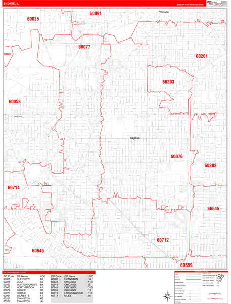 Skokie City Wall Map Red Line Style