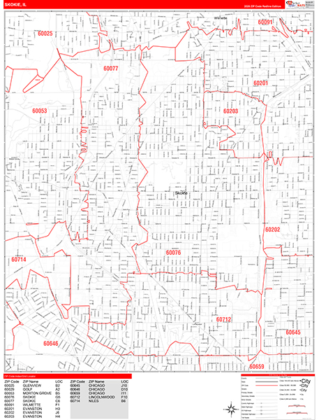 Skokie City Wall Map Red Line Style