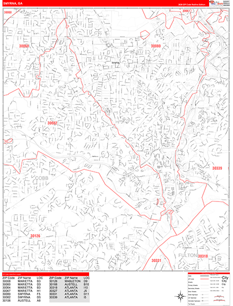 Smyrna Wall Map Red Line Style