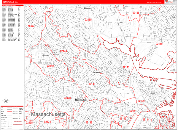 Somerville City Wall Map Red Line Style