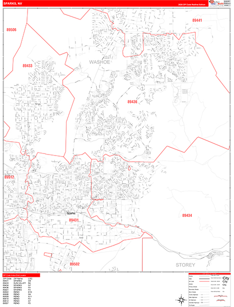 Sparks City Wall Map Red Line Style