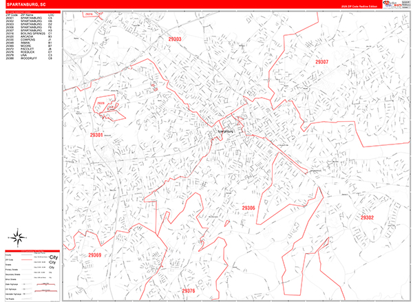 Spartanburg City Wall Map Red Line Style