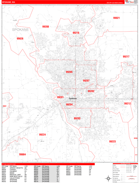 Spokane City Wall Map Red Line Style