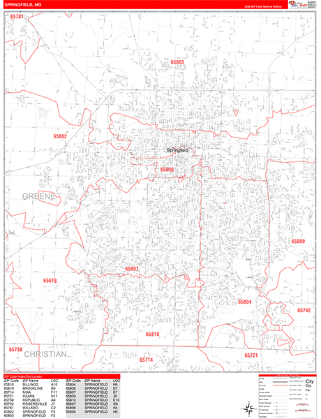 Springfield City Wall Map Red Line Style