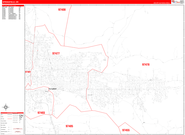Springfield City Wall Map Red Line Style