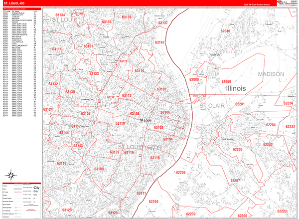 St. Louis Missouri Zip Code Wall Map (Red Line Style) by MarketMAPS ...