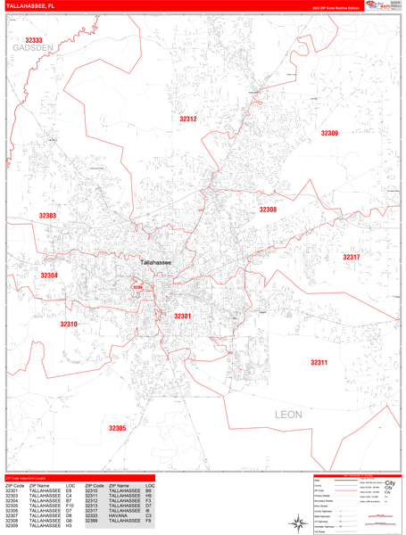 Tallahassee City Wall Map Red Line Style