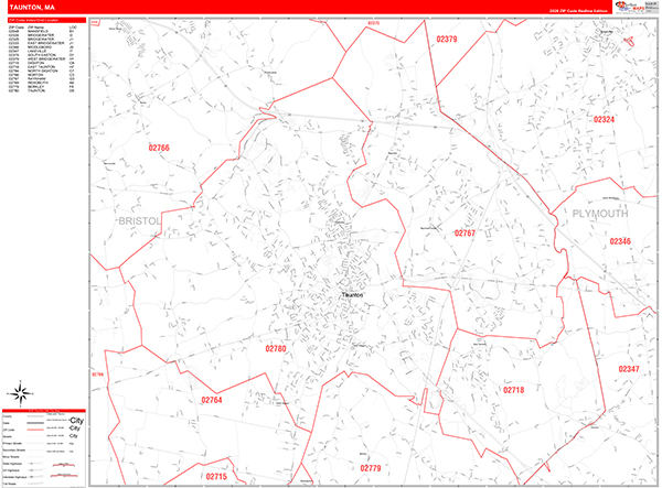 Taunton City Wall Map Red Line Style