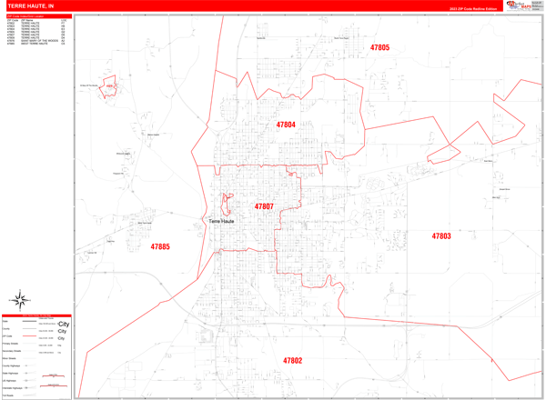 Terre Haute, IN Zip Code Wall Map - Red Line