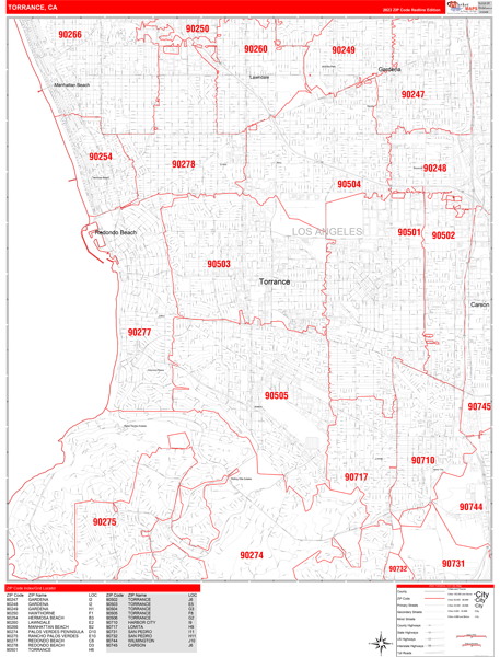 Torrance City Wall Map Red Line Style