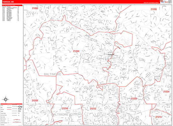 Towson Wall Map Red Line Style