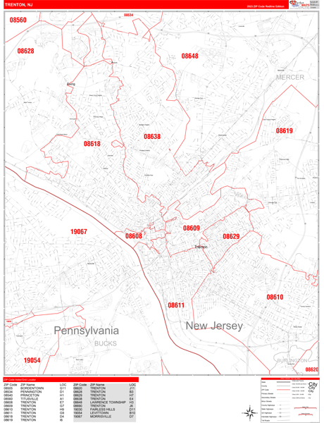 Trenton City Wall Map Red Line Style