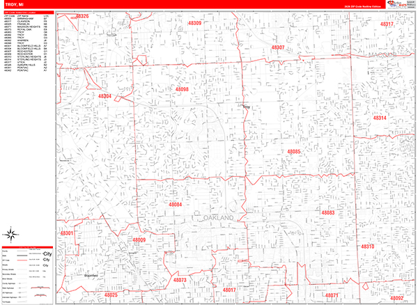 Troy City Wall Map Red Line Style