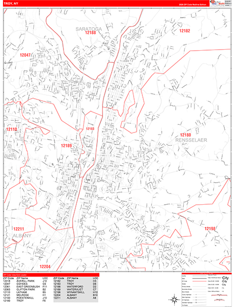 Troy City Wall Map Red Line Style
