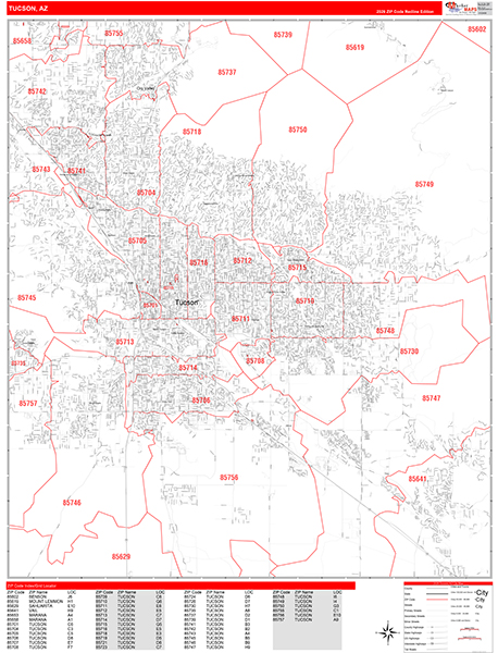 Tucson City Wall Map Red Line Style