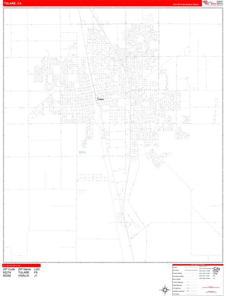 Tulare City Digital Map Red Line Style