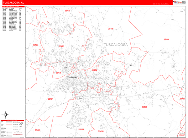 Tuscaloosa City Wall Map Red Line Style