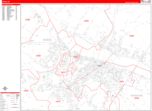 Utica City Wall Map Red Line Style