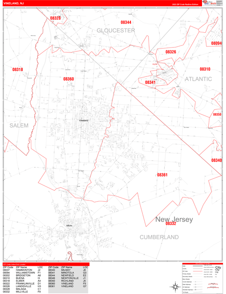Vineland City Wall Map Red Line Style