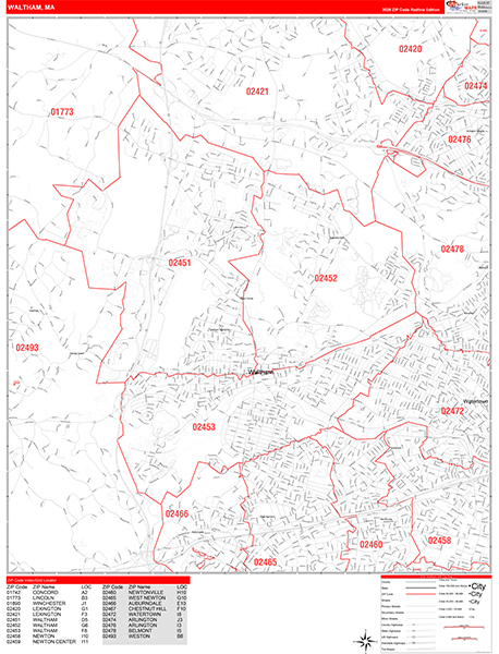 Waltham City Wall Map Red Line Style
