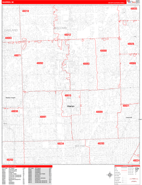 Warren City Wall Map Red Line Style