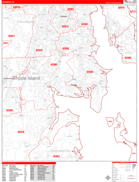 Warwick City Digital Map Red Line Style