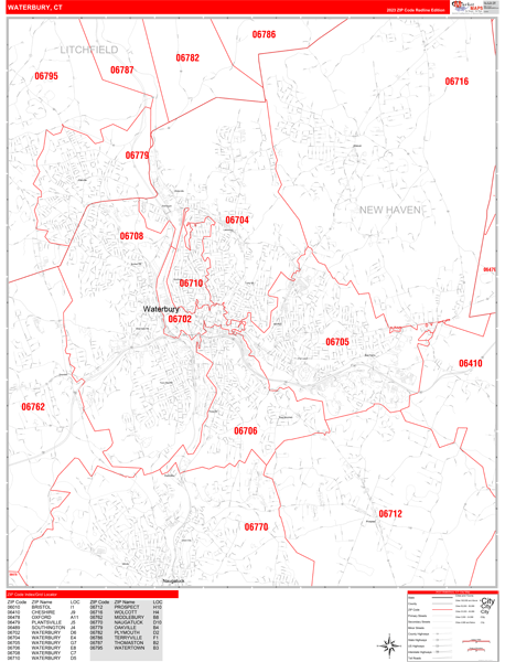 Waterbury City Digital Map Red Line Style