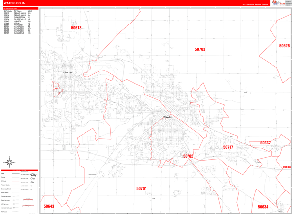 Waterloo City Wall Map Red Line Style