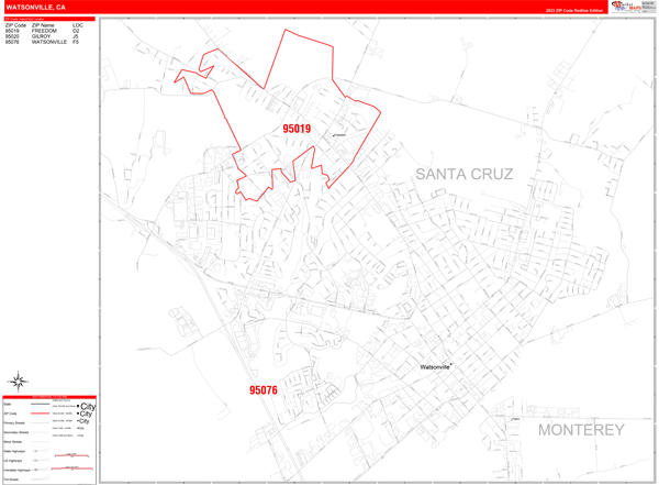 Watsonville City Digital Map Red Line Style
