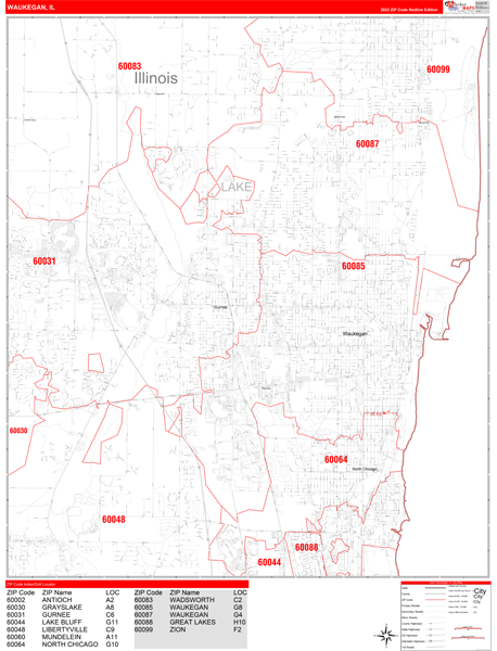 Waukegan City Digital Map Red Line Style