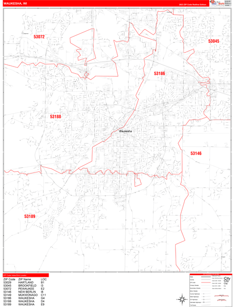 Waukesha City Wall Map Red Line Style