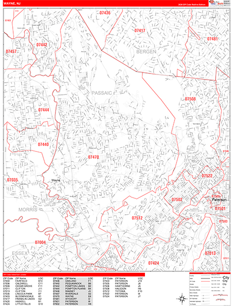 Wayne City Wall Map Red Line Style