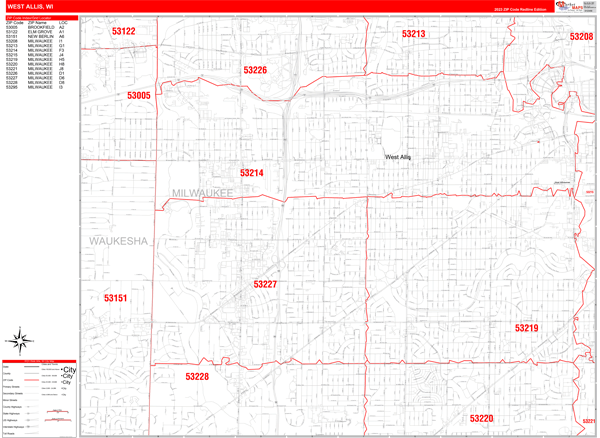 West Allis, WI Zip Code Wall Map - Red Line