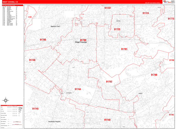 West Covina, CA Zip Code Map - Red Line