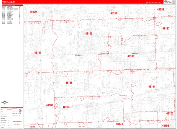Westland City Wall Map Red Line Style