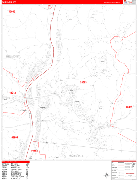 Wheeling City Wall Map Red Line Style