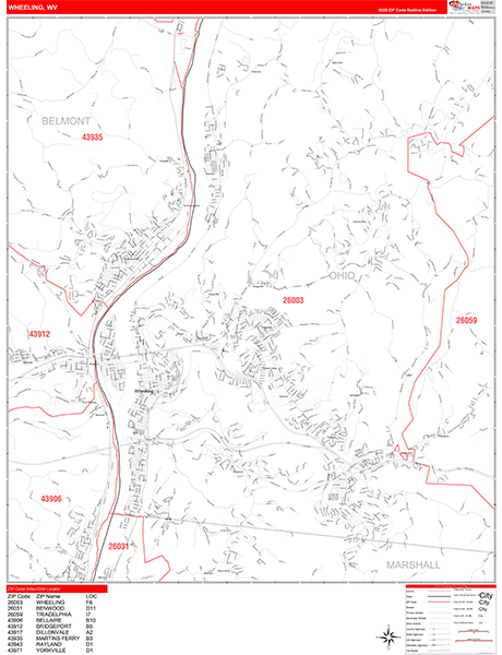 Wheeling City Wall Map Red Line Style