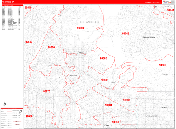 Whittier Wall Map Red Line Style