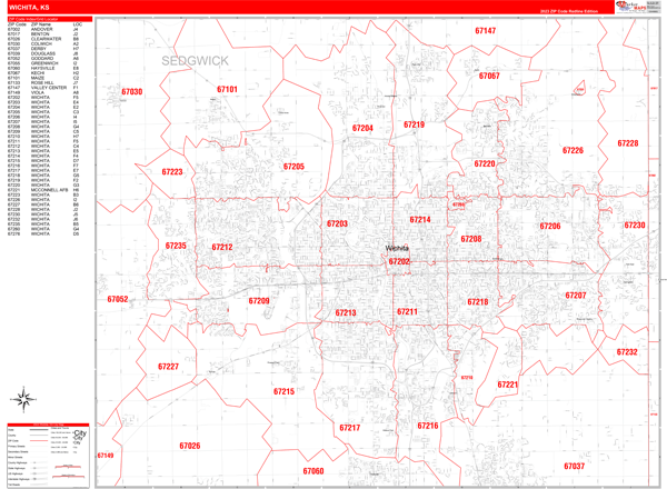 Wichita Kansas Zip Code Wall Map (Red Line Style) by MarketMAPS