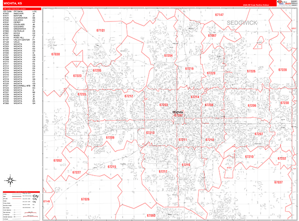 Wichita City Wall Map Red Line Style