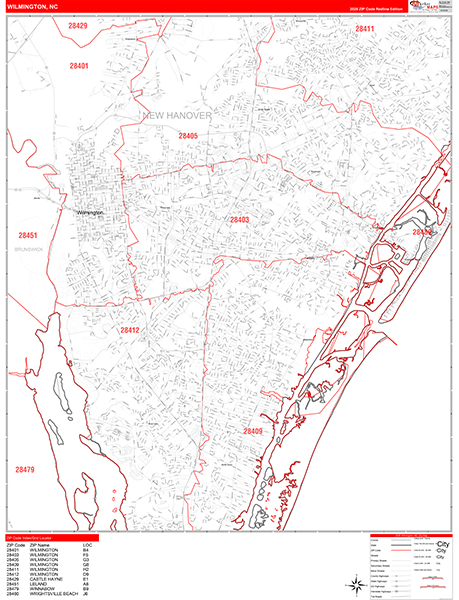 Wilmington City Wall Map Red Line Style