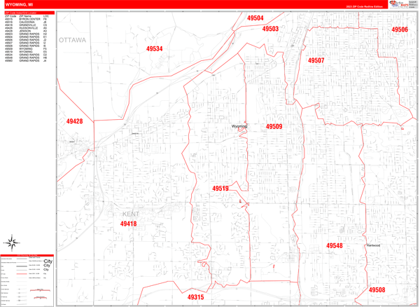 Wyoming City Wall Map Red Line Style