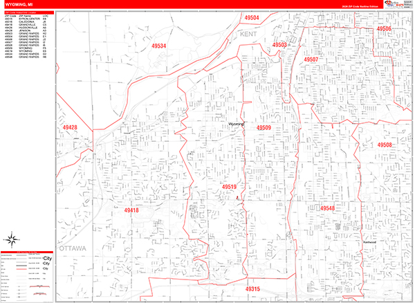 Wyoming City Wall Map Red Line Style