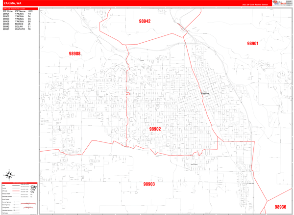 Yakima City Wall Map Red Line Style