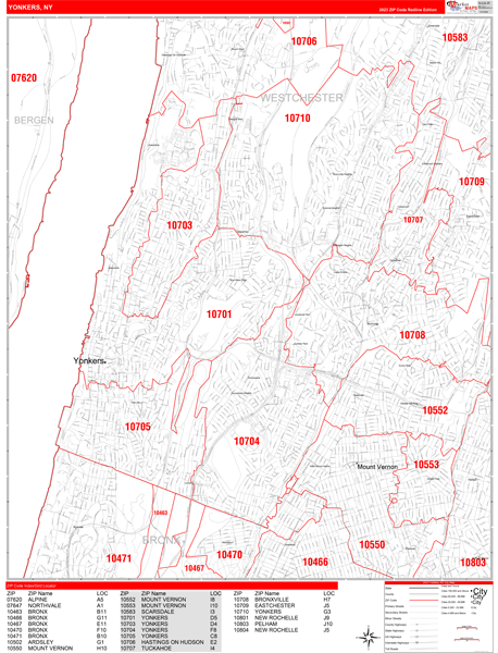 Yonkers City Wall Map Red Line Style