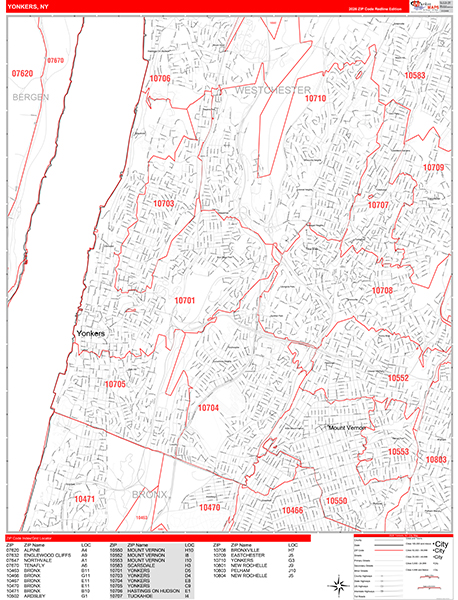 Yonkers City Wall Map Red Line Style